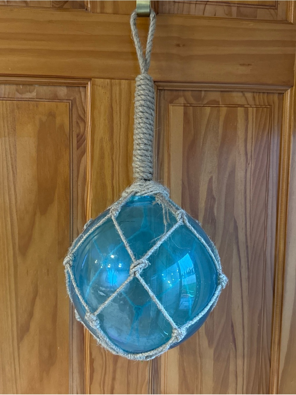 Handmade Blue Glass Float with Natural Rope - Nautical Home Accent